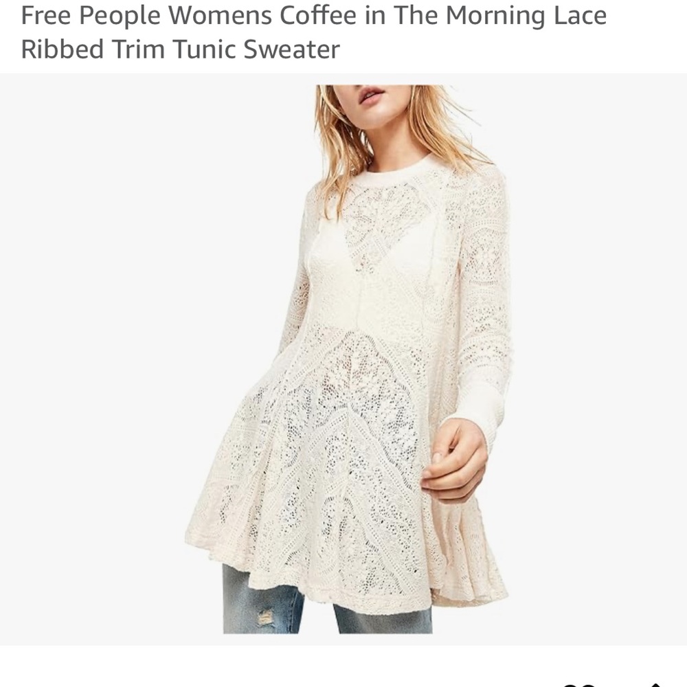 Free People Womens Coffee in The Morning Lace Ribbed Trim Tunic Sweater